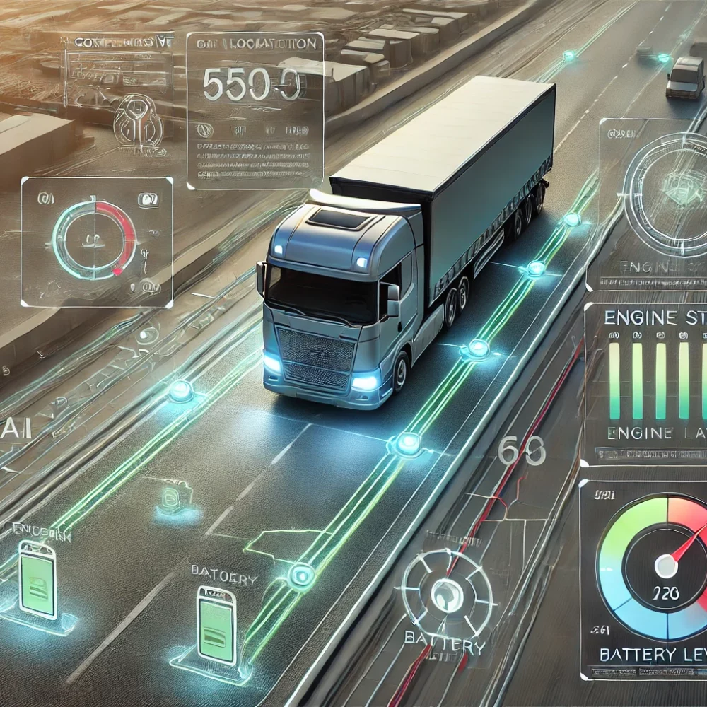 DALL·E 2024-07-18 17.18.02 - A detailed and realistic illustration of a truck traveling on the road, viewed from a vantage point. An AI system monitors the location of the truck i