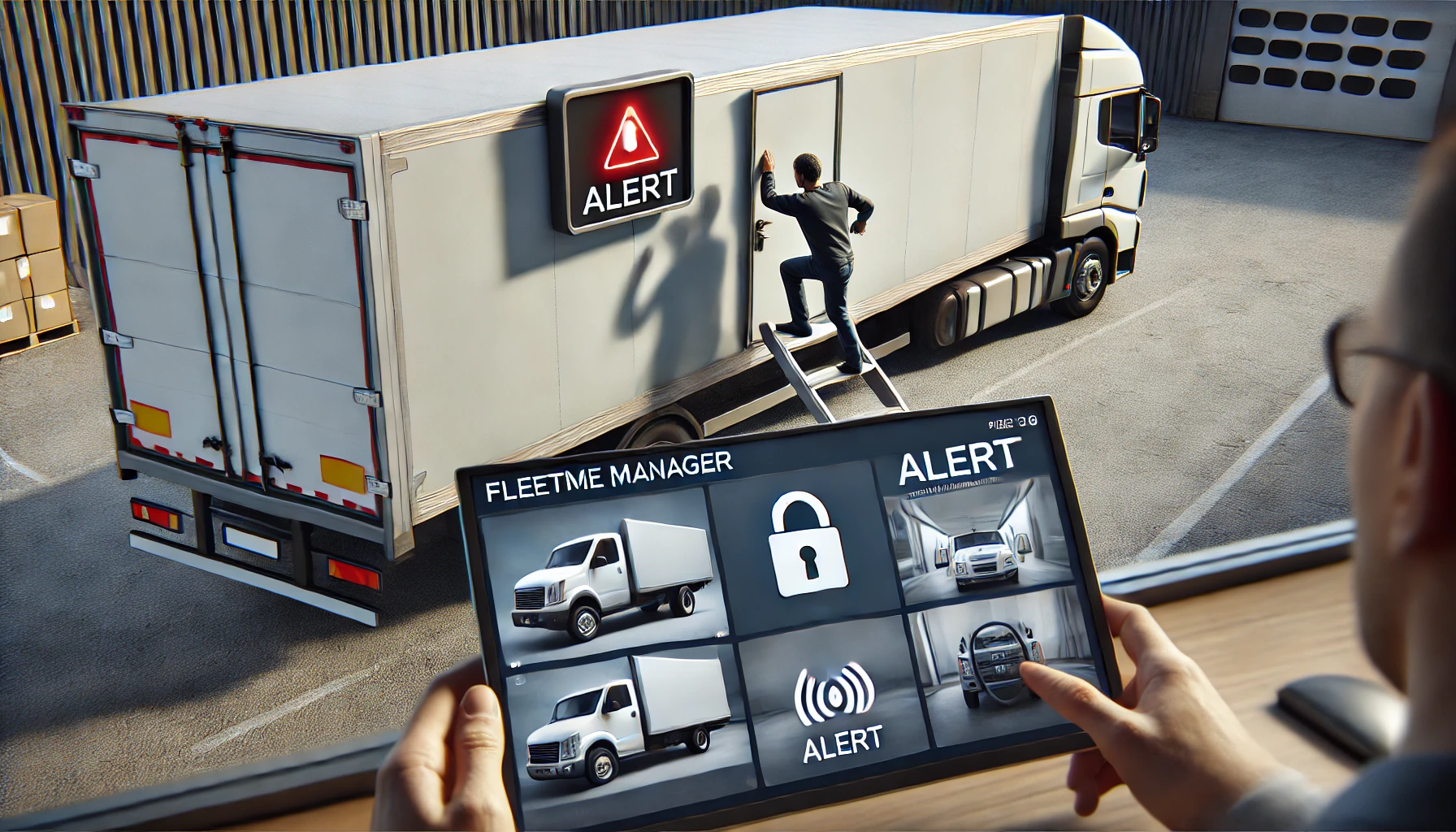 DALL·E 2024-07-18 17.13.46 - A realistic image showing a person attempting to open the door of a truck from the side. There is an alert on the door itself warning of the attempted