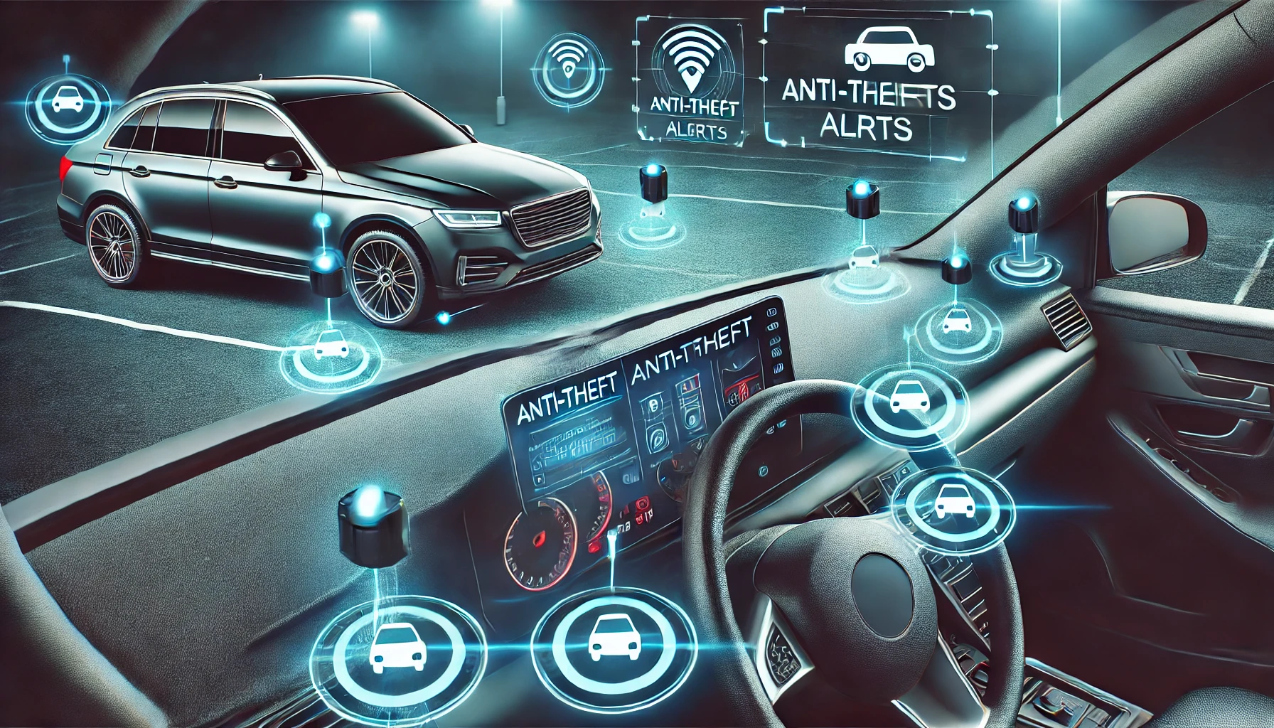 DALL·E 2024-07-23 11.25.45 - A car equipped with an anti-theft device. The image shows a car dashboard with a display screen highlighting anti-theft alerts. Sensors are visible ar