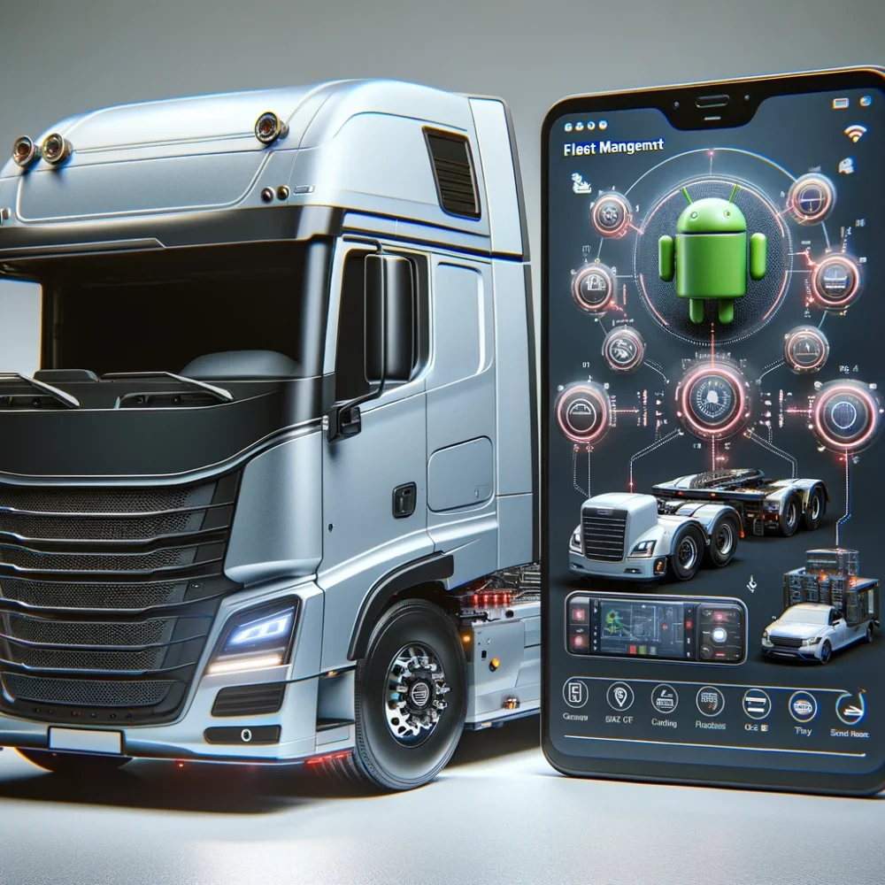 DALL·E 2024-05-06 13.19.30 - Create an image showcasing a realistic modern truck with an external Android interface for the embedded system within a fleet management context. The