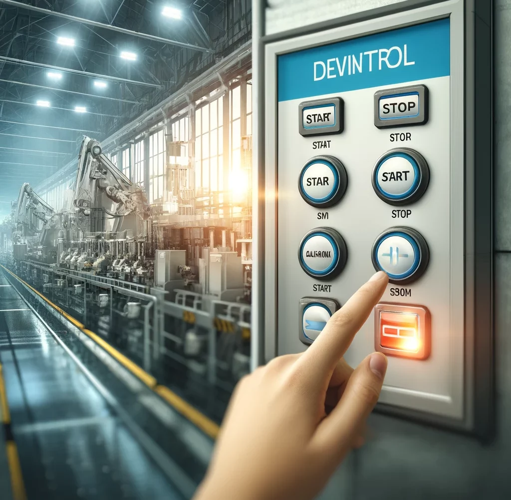 DALL·E 2024-05-15 10.58.47 - Create an image illustrating 'Device Control' in an industrial setting. The scene should show a control panel with buttons labeled 'Start' and 'Stop',