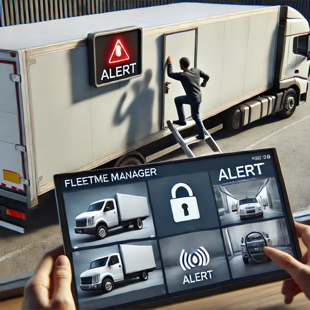 DALL·E 2024-07-18 17.13.46 - A realistic image showing a person attempting to open the door of a truck from the side. There is an alert on the door itself warning of the attempted