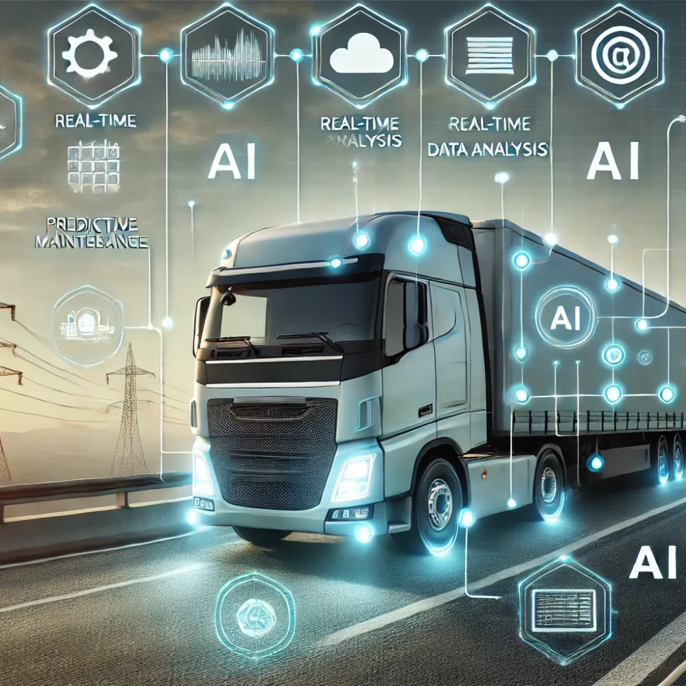 DALL·E 2024-07-22 10.21.18 - A truck driving on a road with visual elements representing data analysis and AI ensuring its safety. The truck has various sensors and screens displa