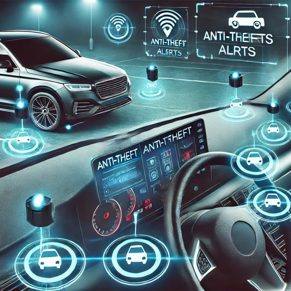 DALL·E 2024-07-23 11.25.45 - A car equipped with an anti-theft device. The image shows a car dashboard with a display screen highlighting anti-theft alerts. Sensors are visible ar